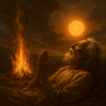 Ilustração espiritual do Mantra 17 do Isha Upanishad: um corpo em repouso junto ao fogo sagrado, com o prāṇa se elevando em luz para o cosmos, enquanto a mente contempla a Verdade silenciosa. Cena simbólica de libertação e lembrança do Ser.