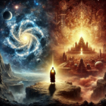 Ilustração simbólica representando o ensinamento do Mantra 12 do Isha Upanishad, com figura entre o manifesto e o não-manifesto, buscando o autoconhecimento.